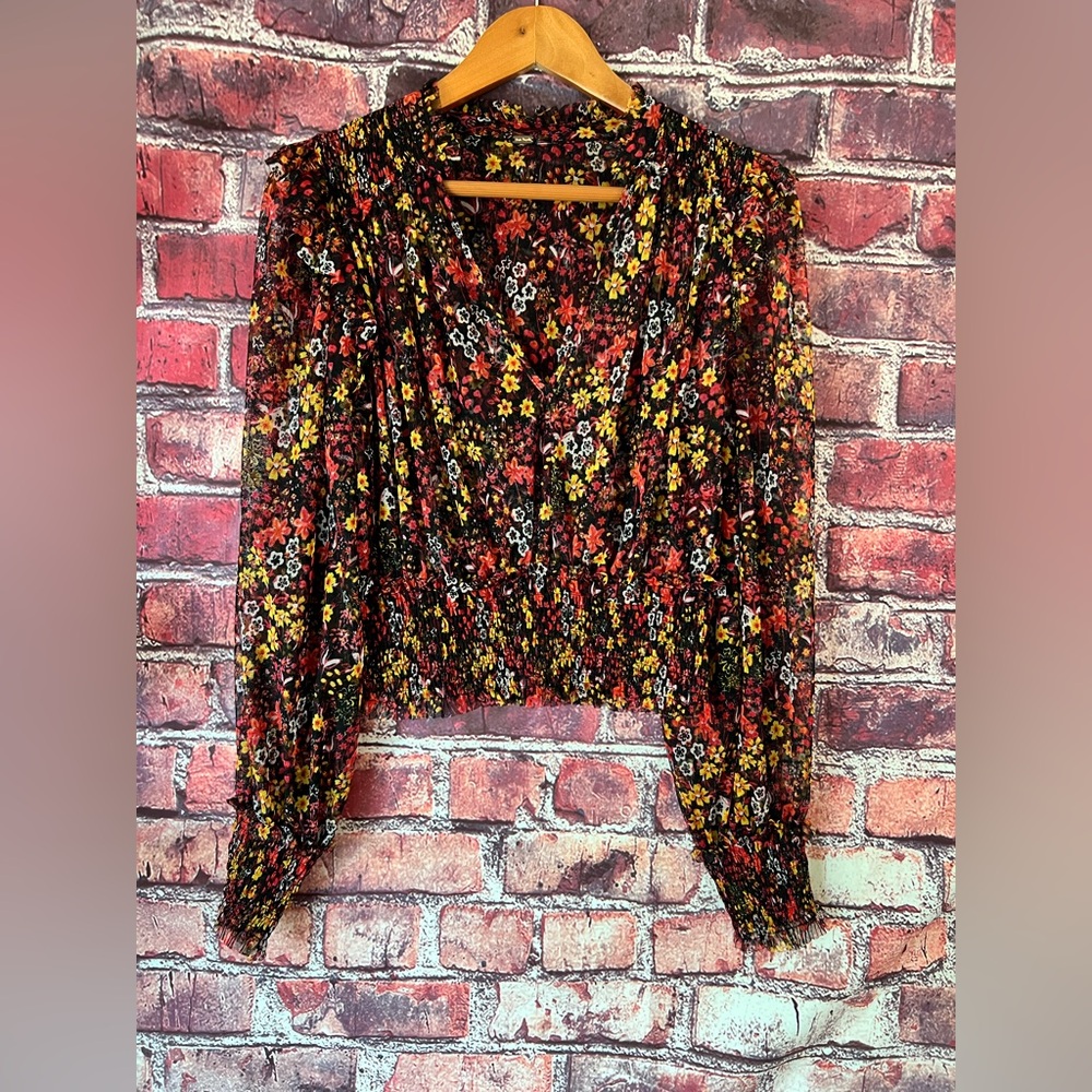 Free People Twyla Mesh Smocked Floral Crop Top